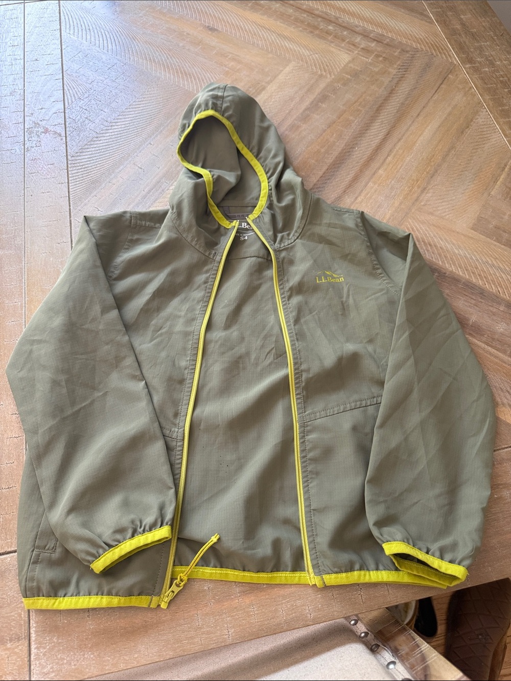 L.L. Bean Olive Green Hooded Jacket with Yellow Trim